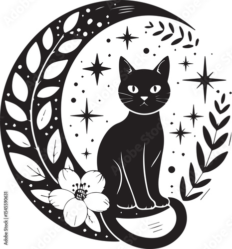 Cat SVG | Moon Phase Clipart | Witchy Cat Lover Celestial Black Cat SVG Files for Cricut Instant Download Svg Png