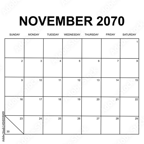 November 2070. monthly calendar design. week starts on Sunday. printable, editable, simple, and clean vector design isolated on white background.