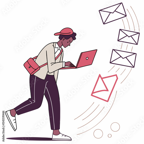 Busy young man running with laptop checking emails