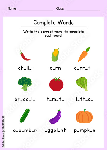Vegetable vocabulary worksheet for kids. Fun activity to complete vegetable words using vowels. Perfect for preschool or kindergarten learning.