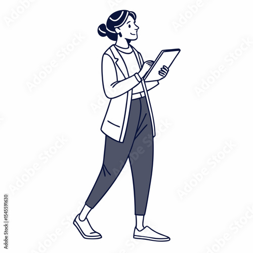 Woman walking using tablet digital device technology modern lifestyle