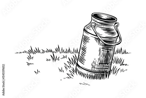 A vintage milk can sitting in a grassy field, depicted in a black and white illustration. Perfect for farm and dairy themes.