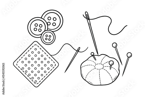 Sewing Kit Vector Element Illustration with Buttons, Needle, Pins, and Pincushion Design