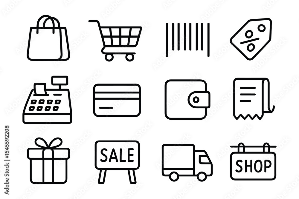 Shopping Icons Vector Element Set Outline Style Retail Commerce Symbols Isolated on White Shopping Icons Vector Element Set Outline Style Retail Commerce Symbols Isolated on White