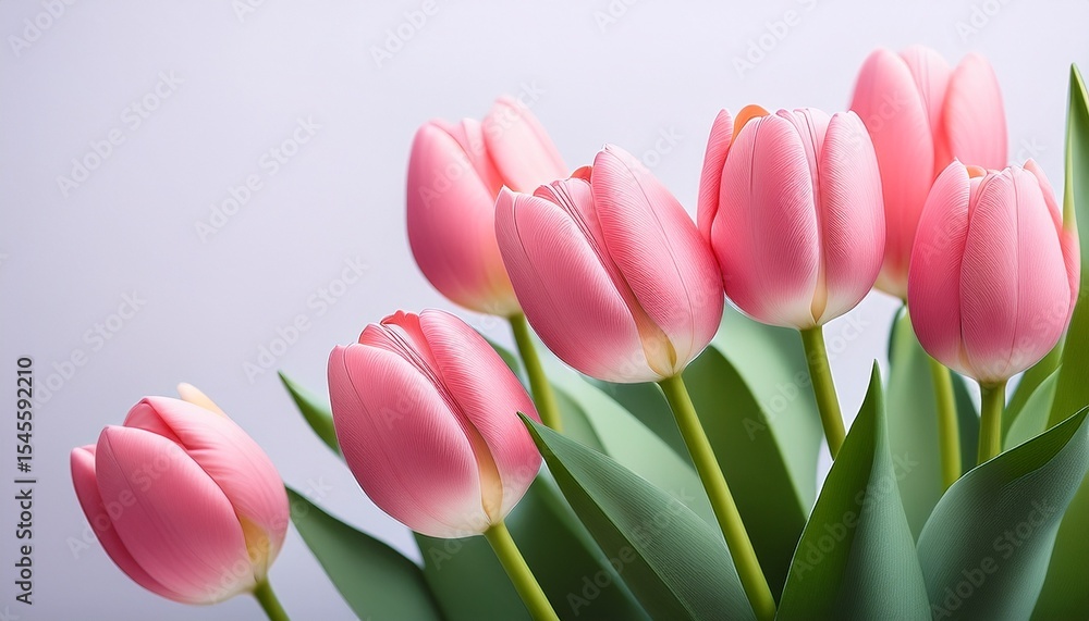 Fototapeta premium some beautiful pink tulips with green leaves