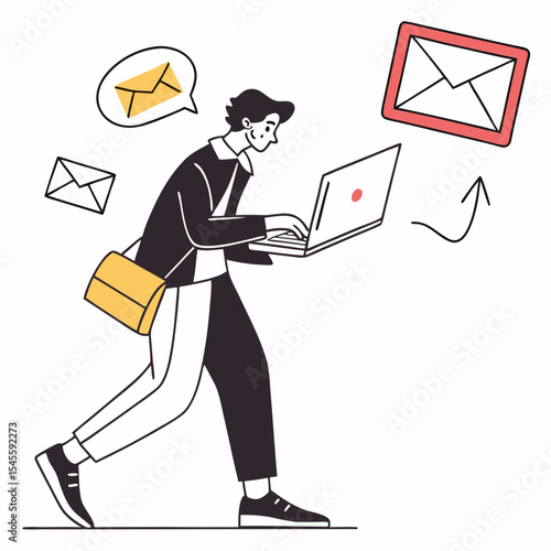 Busy man walking using laptop checking emails fast communication