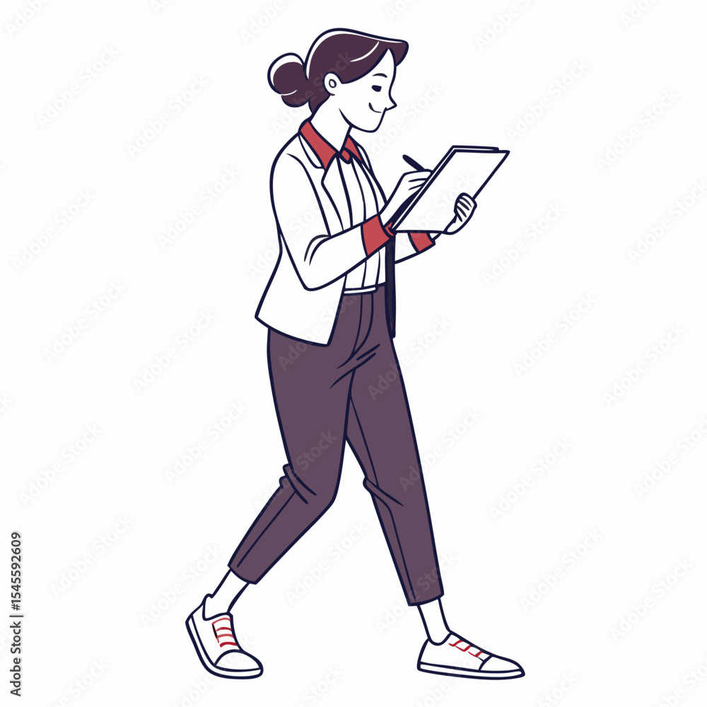 Fototapeta premium Young businesswoman walking while writing on clipboard