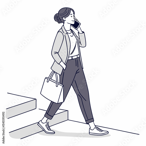 Businesswoman walking down stairs talking on phone