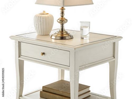 White wooden bedside table with lamp, books, and glass of water