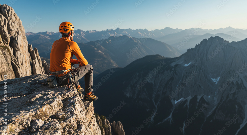Obraz premium Hiker sitting on cliff edge enjoying mountain view