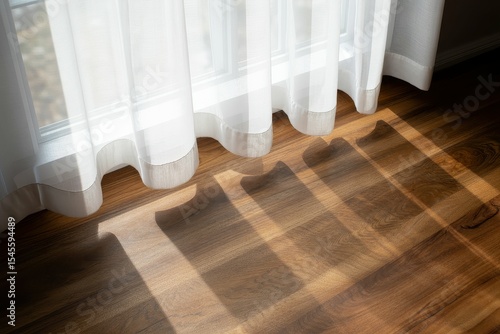 White Curtain Shadow on Wooden Floor Background. Highlighting Quality Laminate Flooring Concept