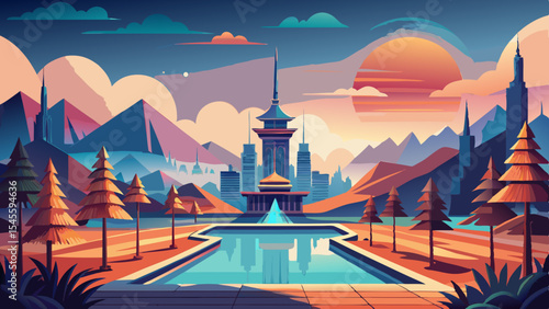 Aesthetic cityscape with mountains and a pool view