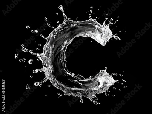 A dynamic water splash forming the letter 'C' against a stark black background, showcasing intricate droplets and spray