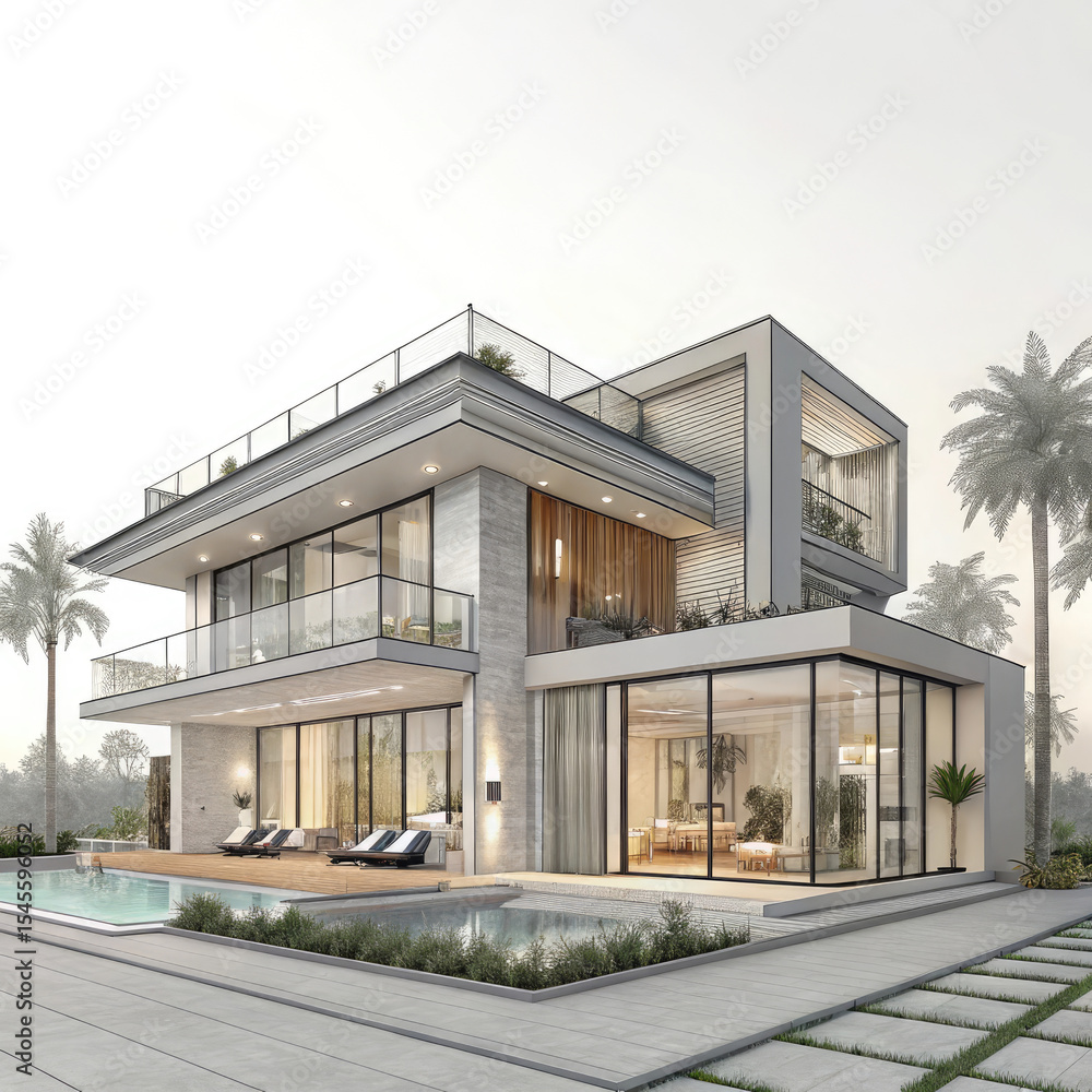 modern house with garden and windows modern house with garden and windows