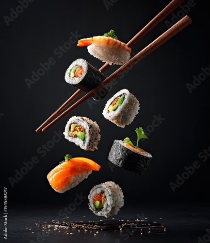 Assorted sushi pieces and maki rolls levitate, suspended by chopsticks against a dark background, with scattered sesame seeds below