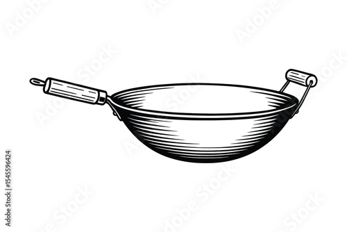 Outlined Wok Vector Illustration with Handle, Cooking, and Kitchen Utensil