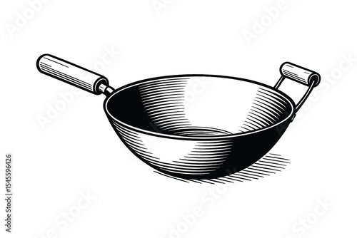 Engraved Wok Vector Illustration with Handle, Cooking, and Kitchen Utensil