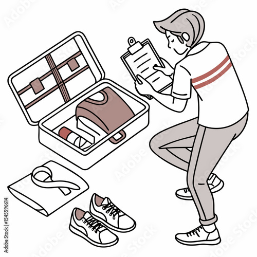 Young man packing suitcase checklist travel trip