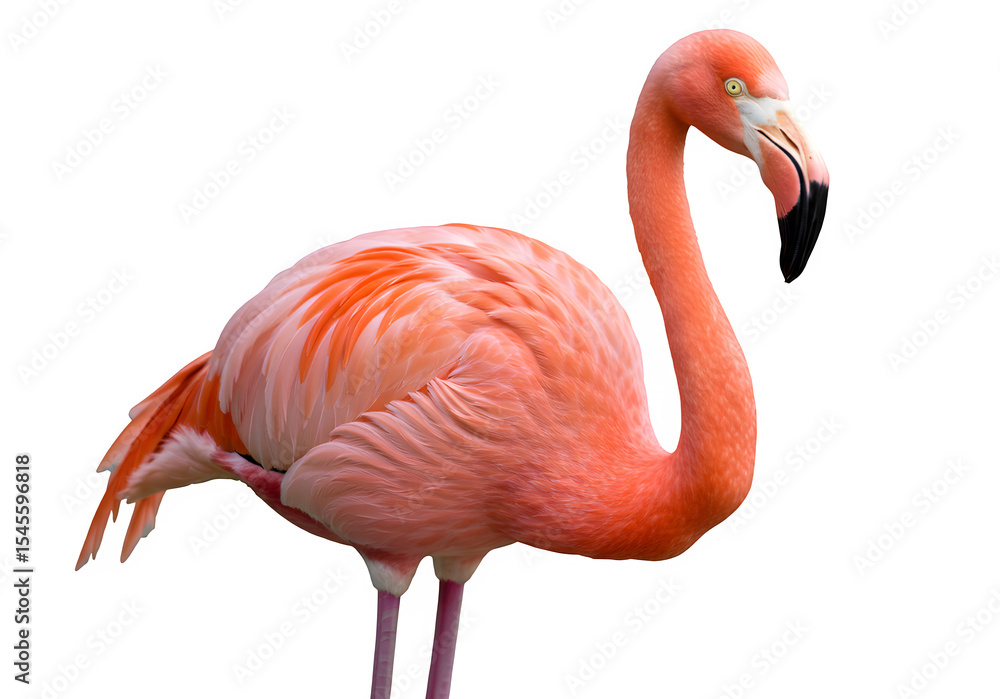 Fototapeta premium A close up of a pink flamingo isolated on white or transparent background. PNG