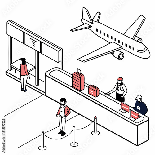 Airport check-in counter passengers baggage airplane