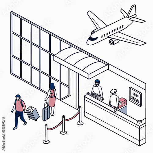 Airport check-in counter passengers luggage plane