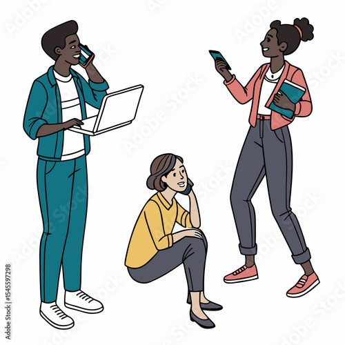Diverse young adults using technology devices