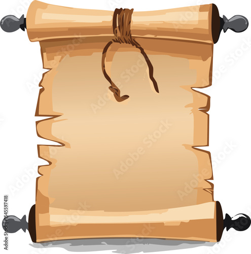 A crumpled parchment scroll tied with a leather strap, placed on a clean white surface. The texture of the paper is rough and fibrous, with slightly burned edges for an aged appearance