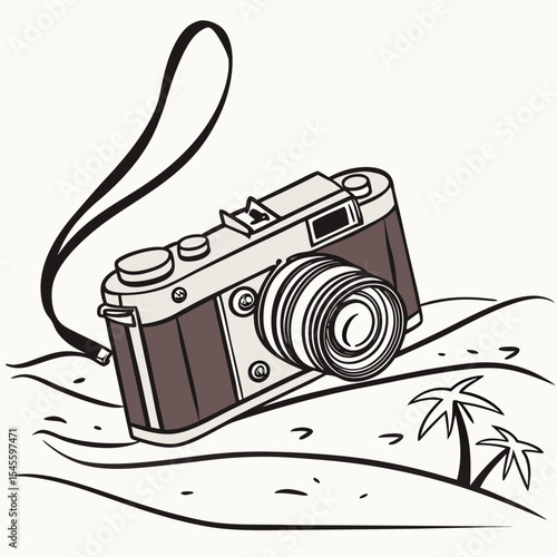 Vintage camera on tropical beach vacation scene