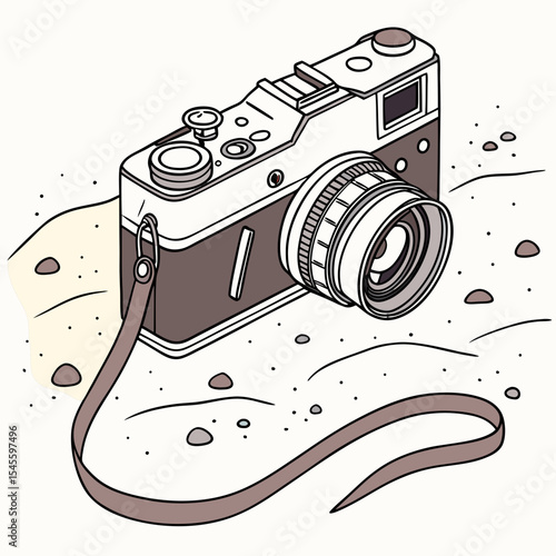 Vintage camera on sandy beach summer vacation memories