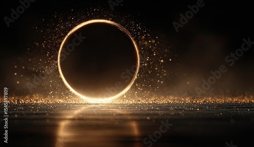 Glowing golden ring, dark background, shimmering particles, reflective surface