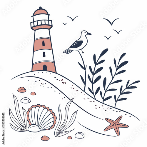 Coastal lighthouse seascape with seagull and shells