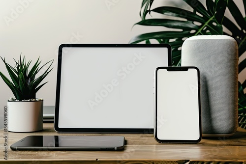 Vibrant Color Visual of Phone and Tablet with Smart Speaker Innovative Technology