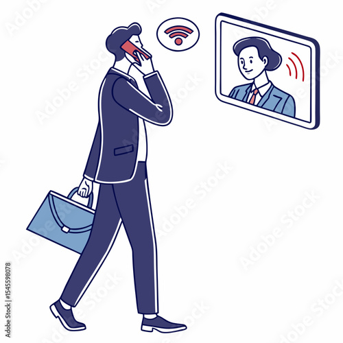 Businessman on phone video conference call walking
