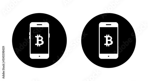 Bitcoin icon on phone screen. Mobile crypto transaction and digital wallet in black circle