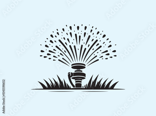 A clean black silhouette of a working sprinkler head placed on trimmed lawn grass, designed for use in water conservation, irrigation, and gardening visuals

