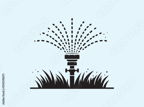 Lawn care icon silhouette of a sprinkler on grassy land, flat solid black graphic style, suitable for eco-friendly irrigation branding and lawn equipment visuals

