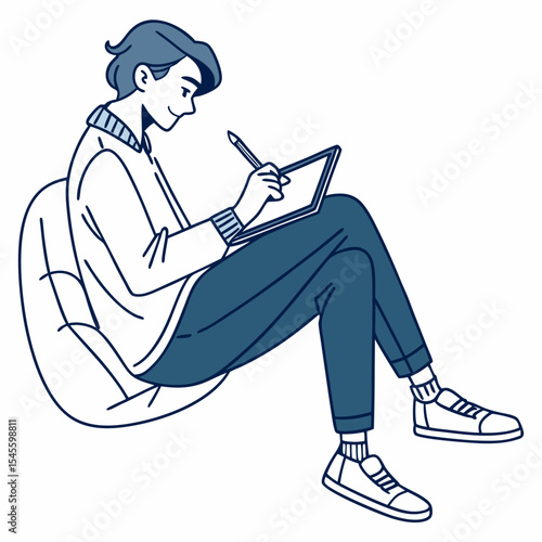 Young man relaxing drawing on tablet