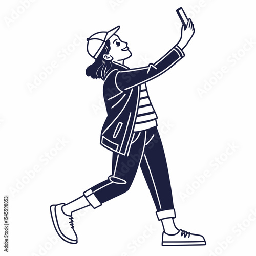 Young woman taking selfie walking style illustration