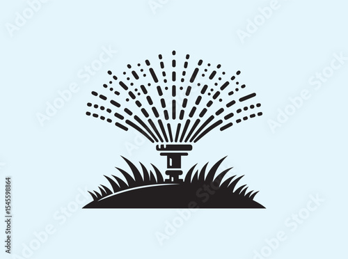 Garden sprinkler system represented as a solid black icon, mounted on grass, minimalist silhouette for clear visual communication in landscaping content