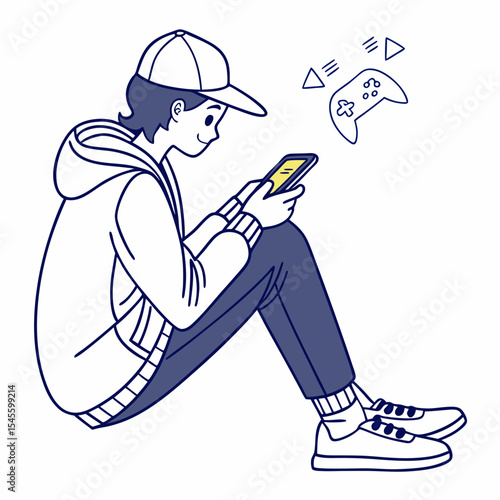 Young person playing mobile games sitting floor
