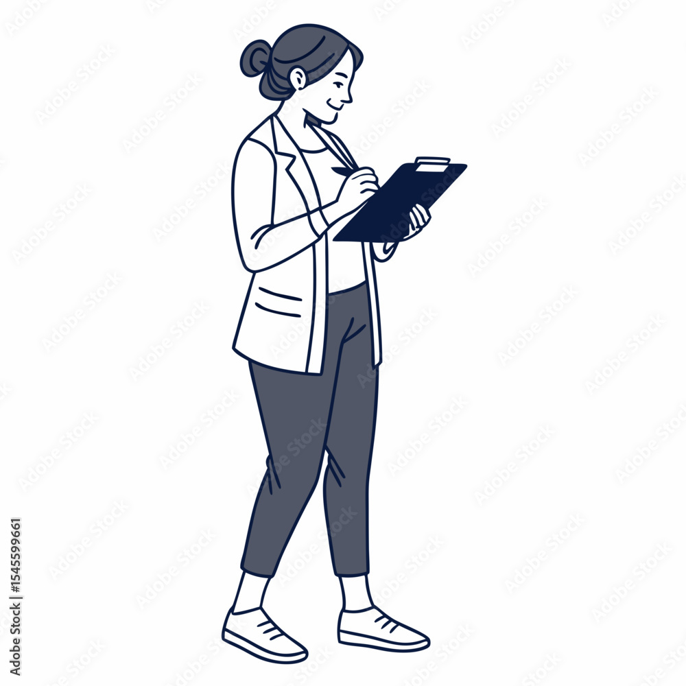 Fototapeta premium Woman walking and taking notes on clipboard