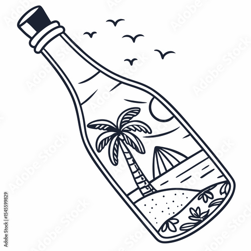 Tropical beach scene inside message bottle