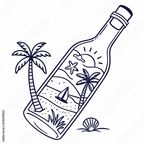 Beach scene inside message bottle summer vacation