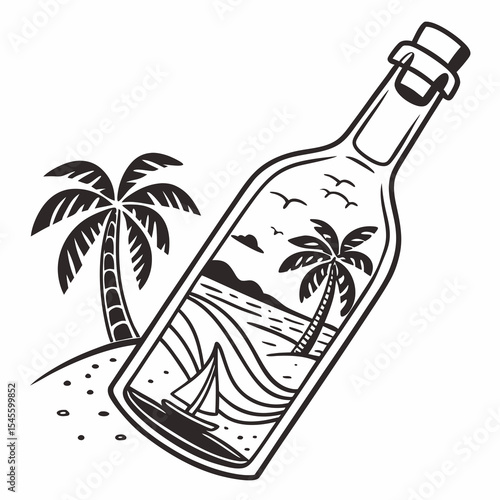 Tropical beach scene inside message bottle