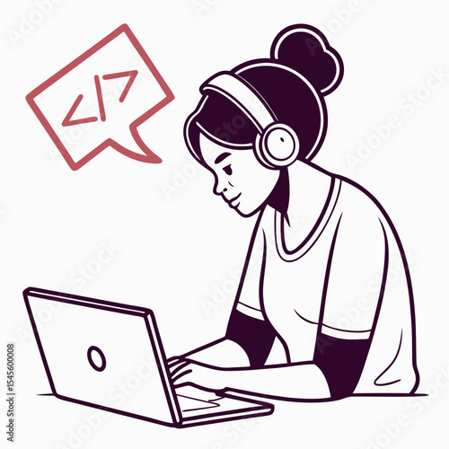 Woman programmer coding on laptop with headphones