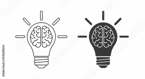 This high-quality vector graphic features two minimalist lightbulb icons (outline and solid gray), each with a brain filament and four light rays, emphasizing ideas and intelligence.