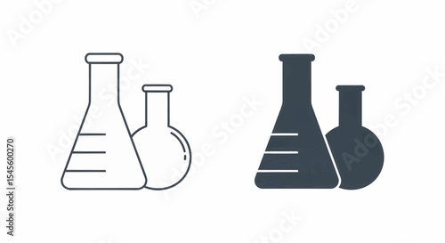 This high-quality vector graphic features two minimalist chemical glassware icons (outline and solid blue-gray), depicting conical and round-bottom flasks with volume markings, all with fine details.