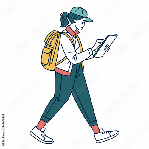Young woman walking using tablet digital device backpack
