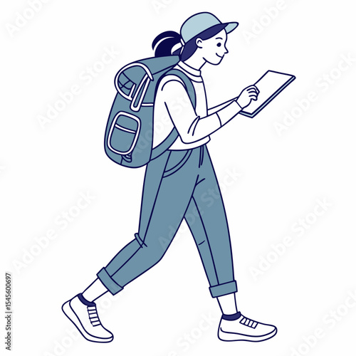 Young woman backpacker using tablet walking outdoors