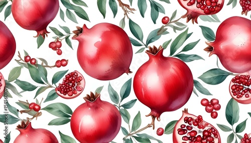 Seamless watercolor texture of vibrant red pomegranates and green leaves, perfect for an autumn background